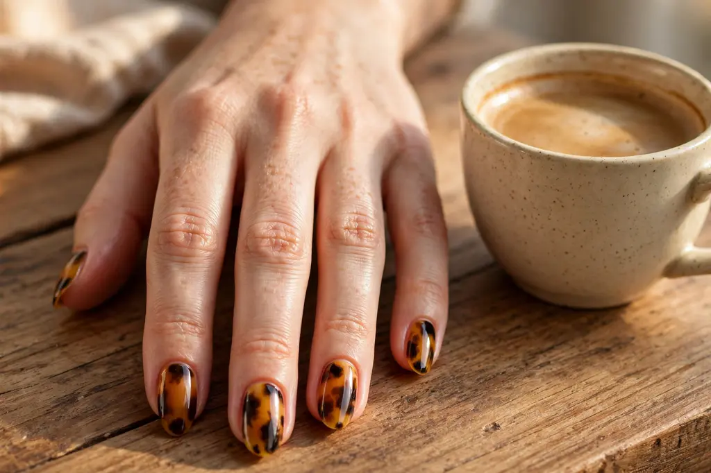Warm tortoiseshell manicure with amber and honey tones