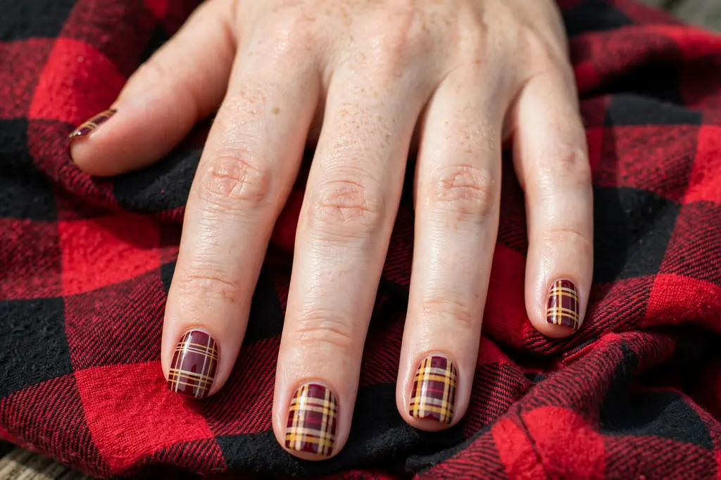 Plaid fall nail designs in burgundy and mustard
