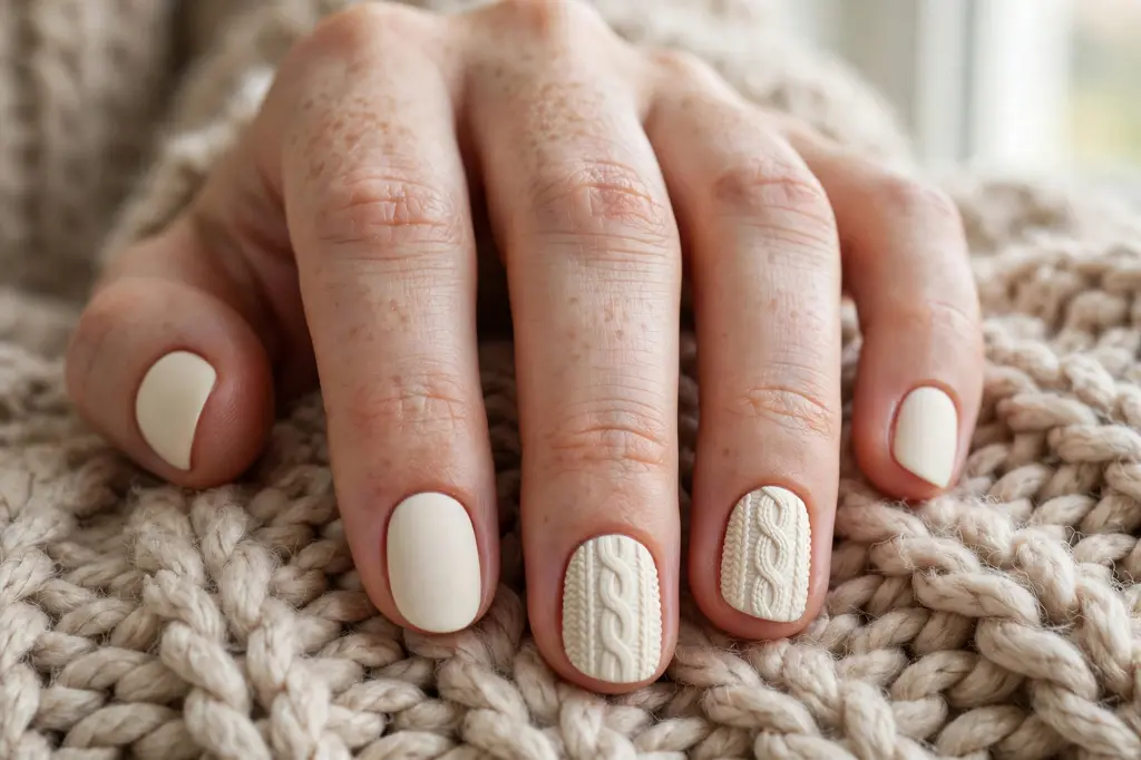 Cozy cable-knit textured manicure in cream