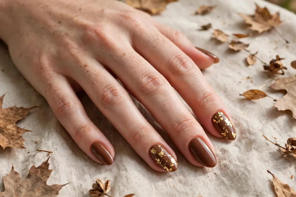 Gold leaf fall nail designs on a warm brown base