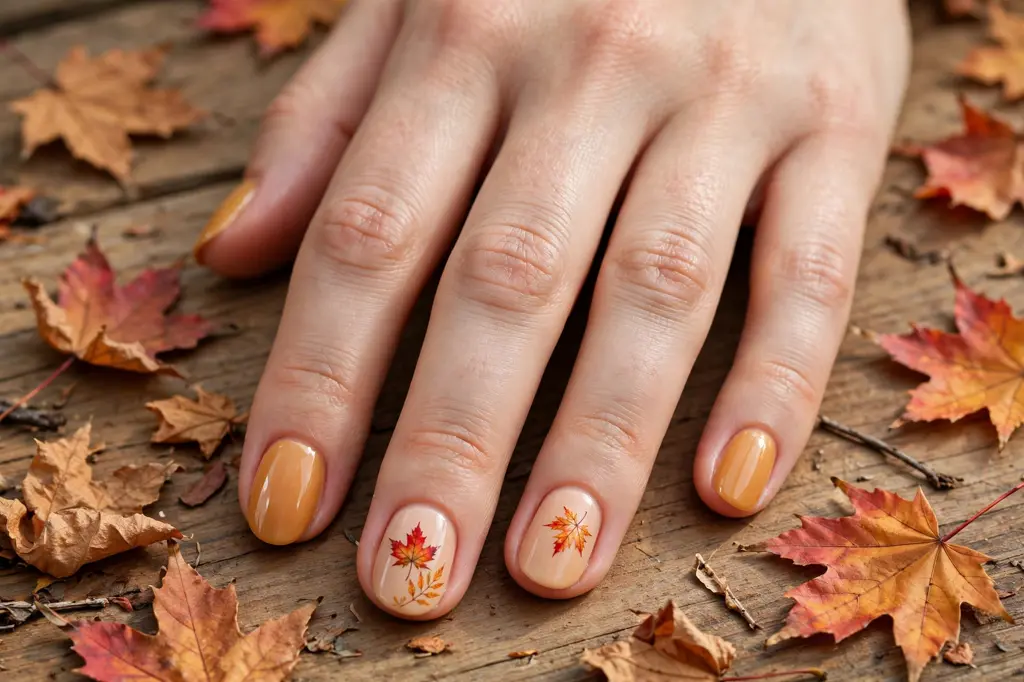 Hand-painted maple leaf art on an amber manicure