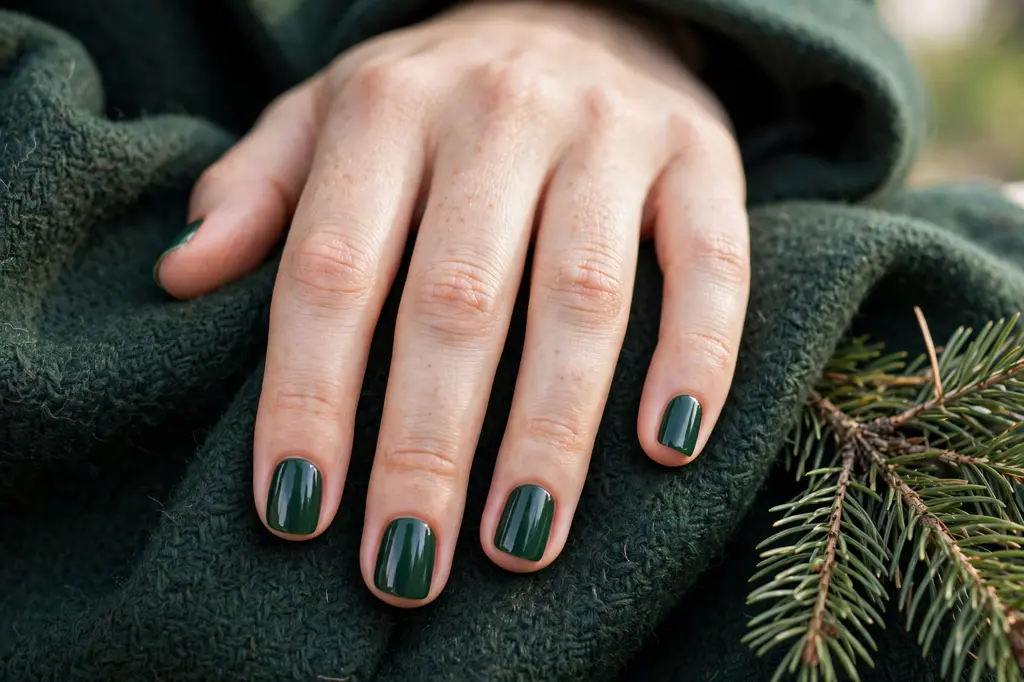 Deep forest green manicure with a glossy shine