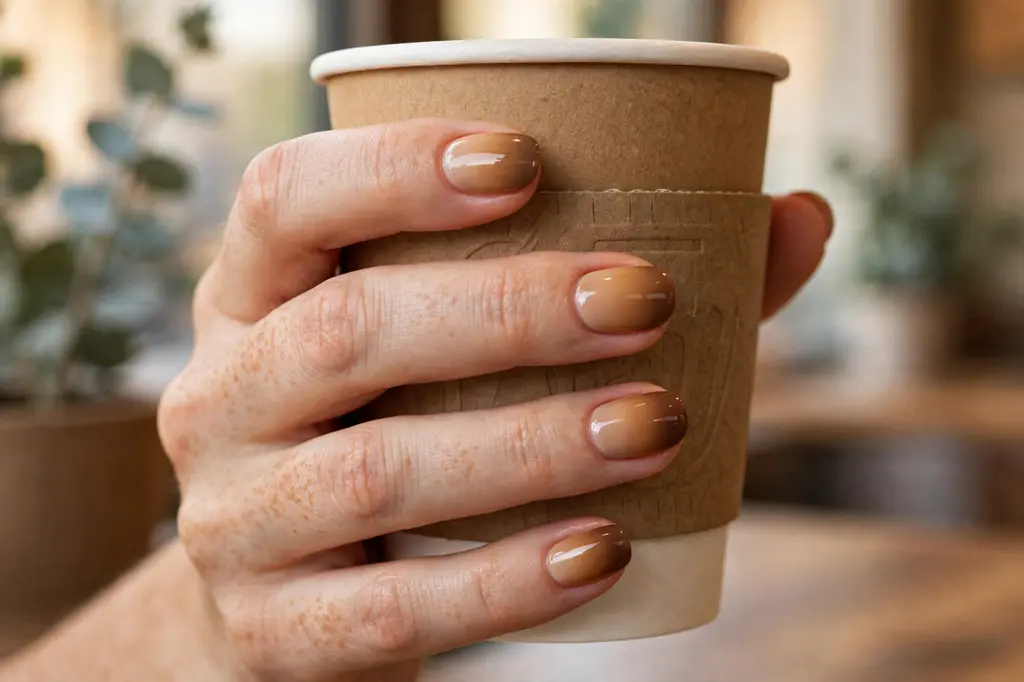 Caramel fall nail designs with glossy latte tones