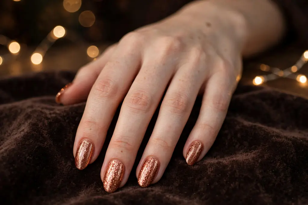 Copper shimmer manicure sparkling in soft light