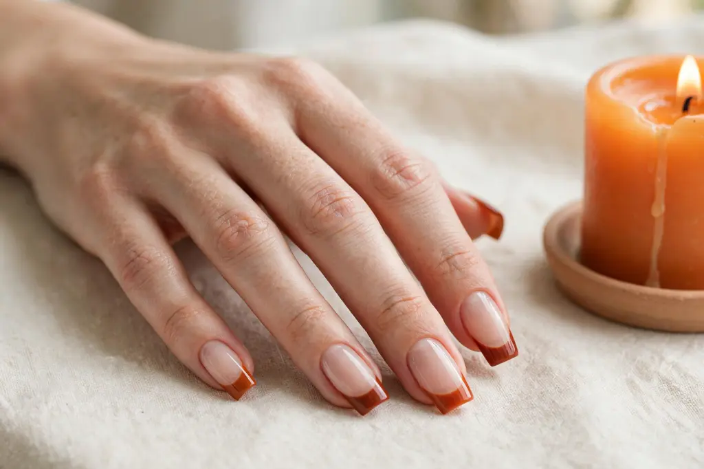 Fall French tip nail designs with burnt orange tips