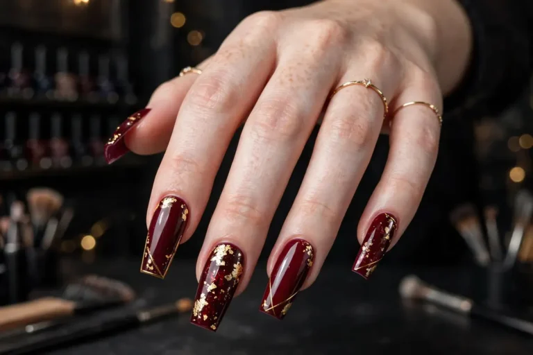 Glamorous burgundy and gold acrylic nails on fair hands