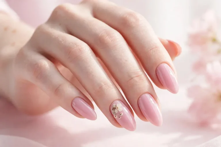 Elegant baby pink nails with delicate white floral accent