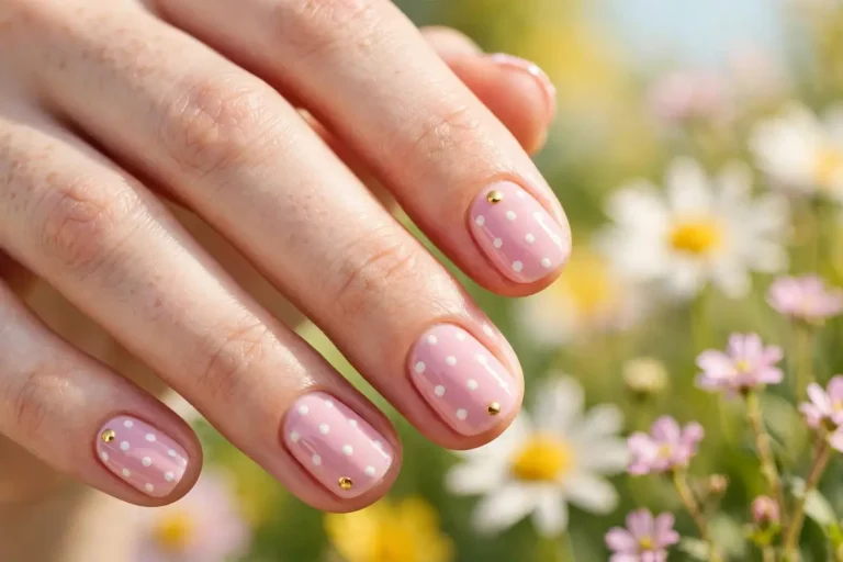 Cute beginner nail art with pink polka dots and gold accent