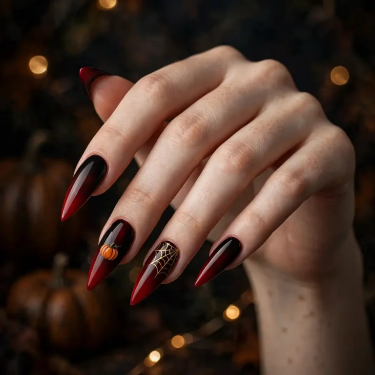 Spooky Halloween nails with pumpkin and gold spiderweb nail art