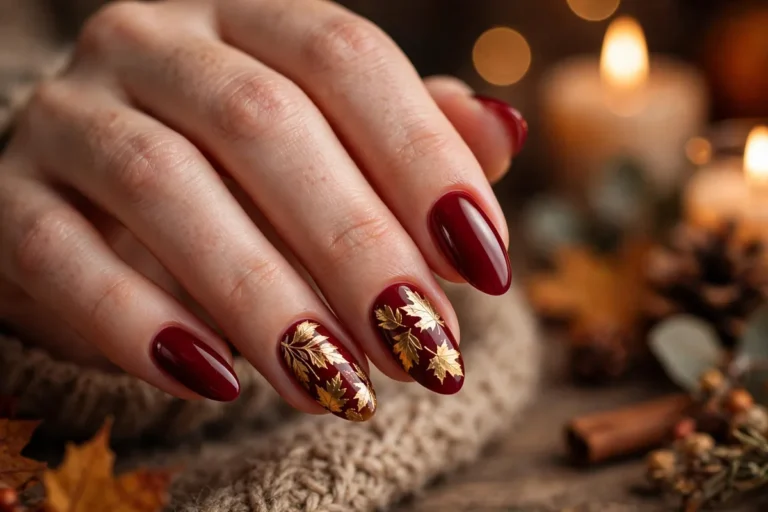Cozy thanksgiving nails with golden leaves and cranberry red