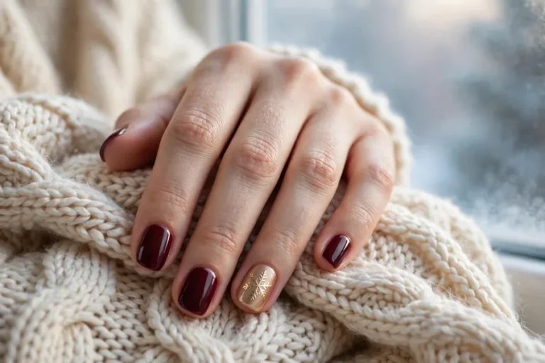 Cozy winter nail designs with burgundy and gold accents on fair hands
