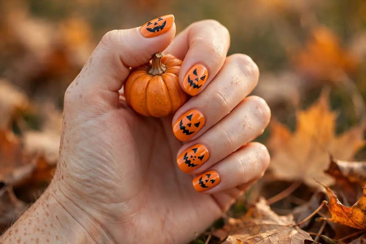Cute pumpkin Halloween nails with jack-o-lantern faces