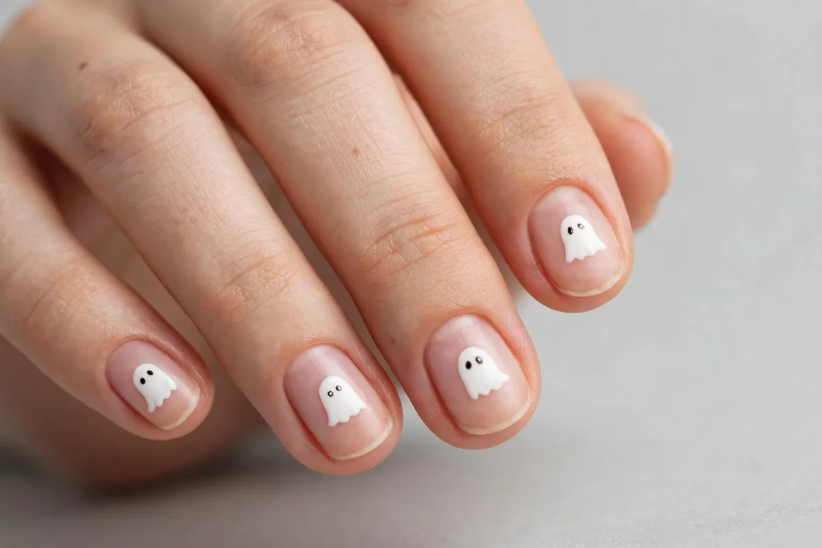 White ghost designs on short oval fingertips