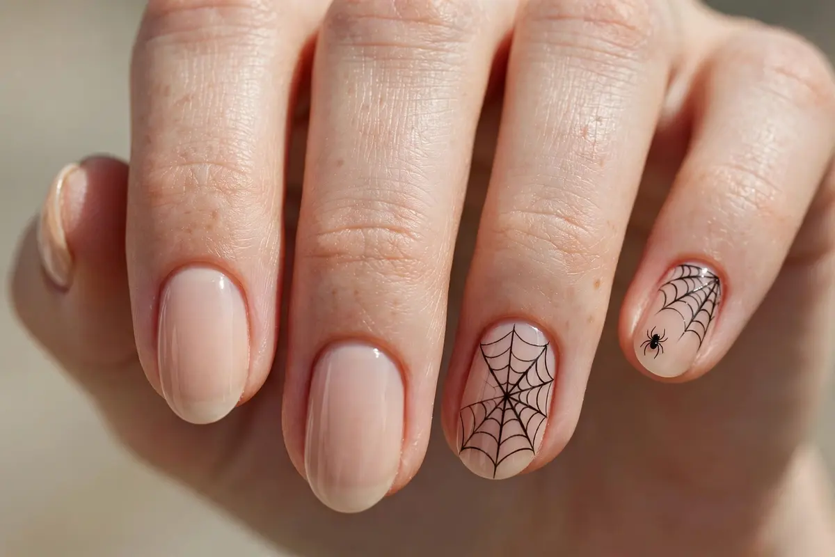 Delicate black spiderweb design over a nude manicure