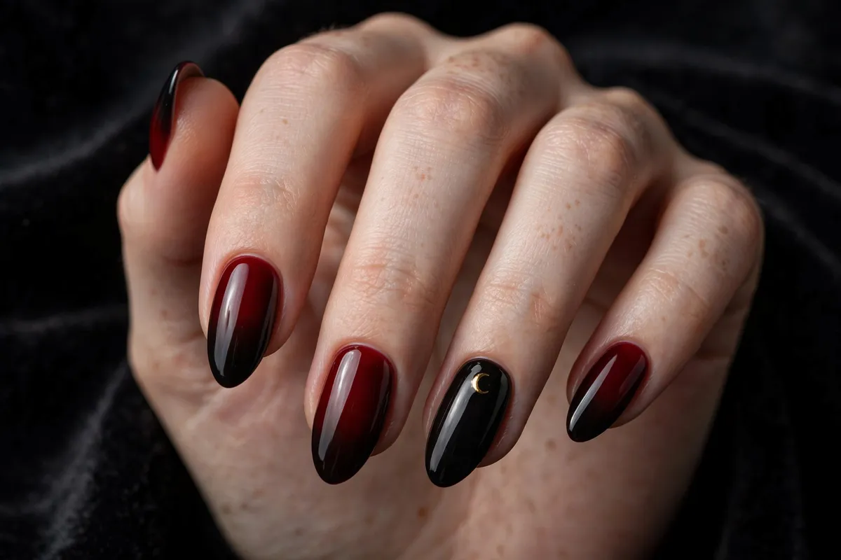 Dark red to black ombre Halloween nails with gold moon accent
