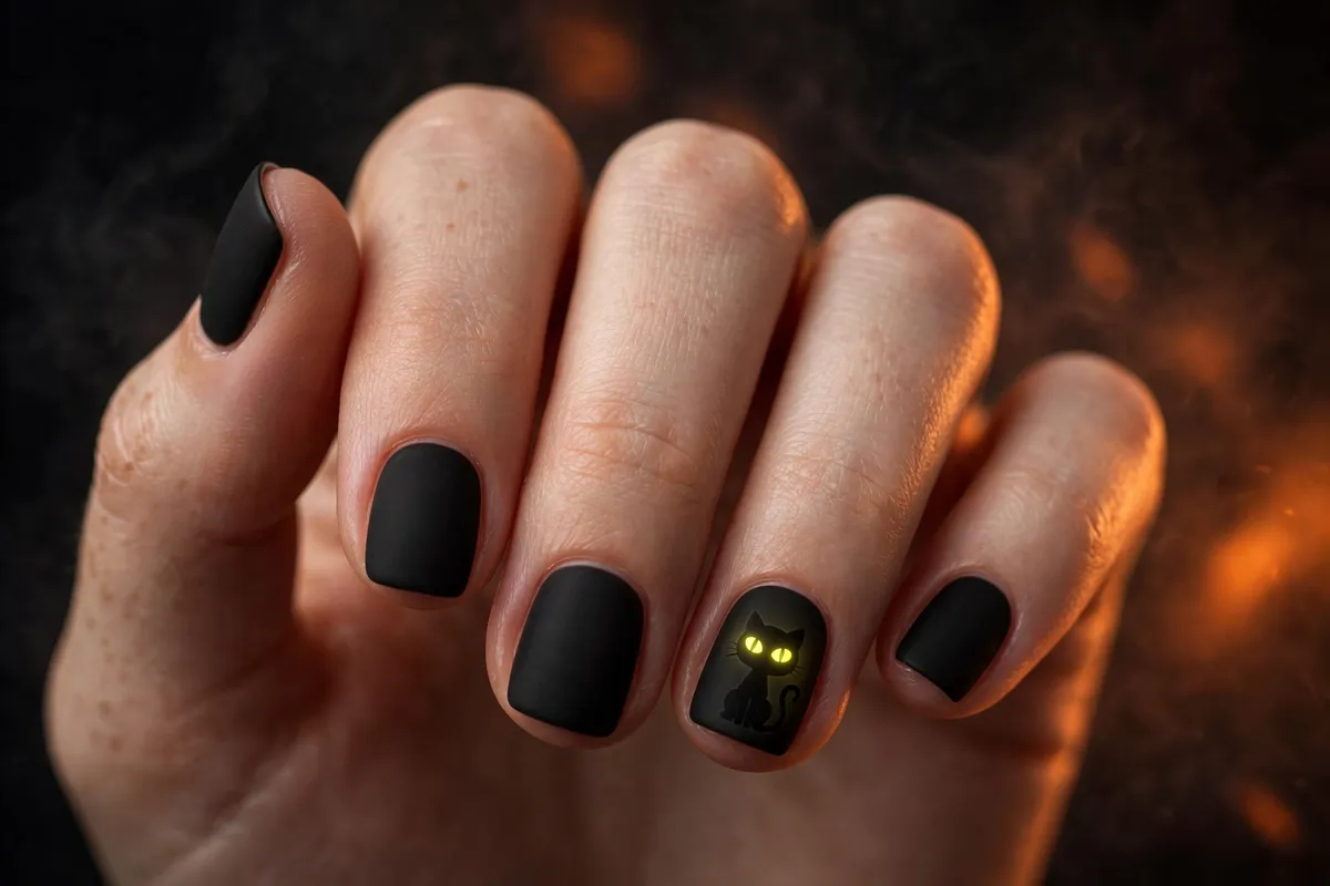 Black cat silhouette accent on a matte manicure