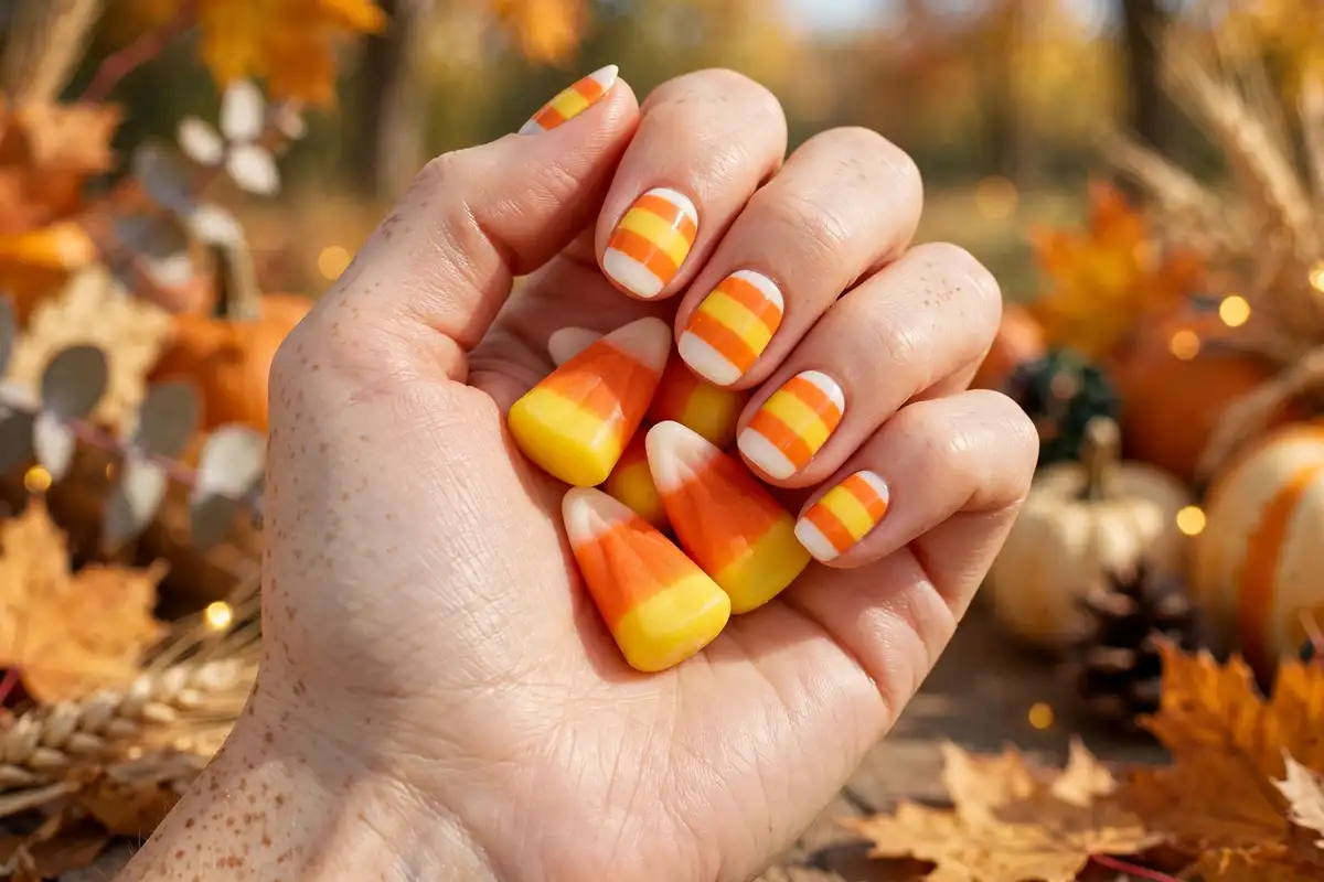 Candy corn Halloween nails in orange, yellow and white