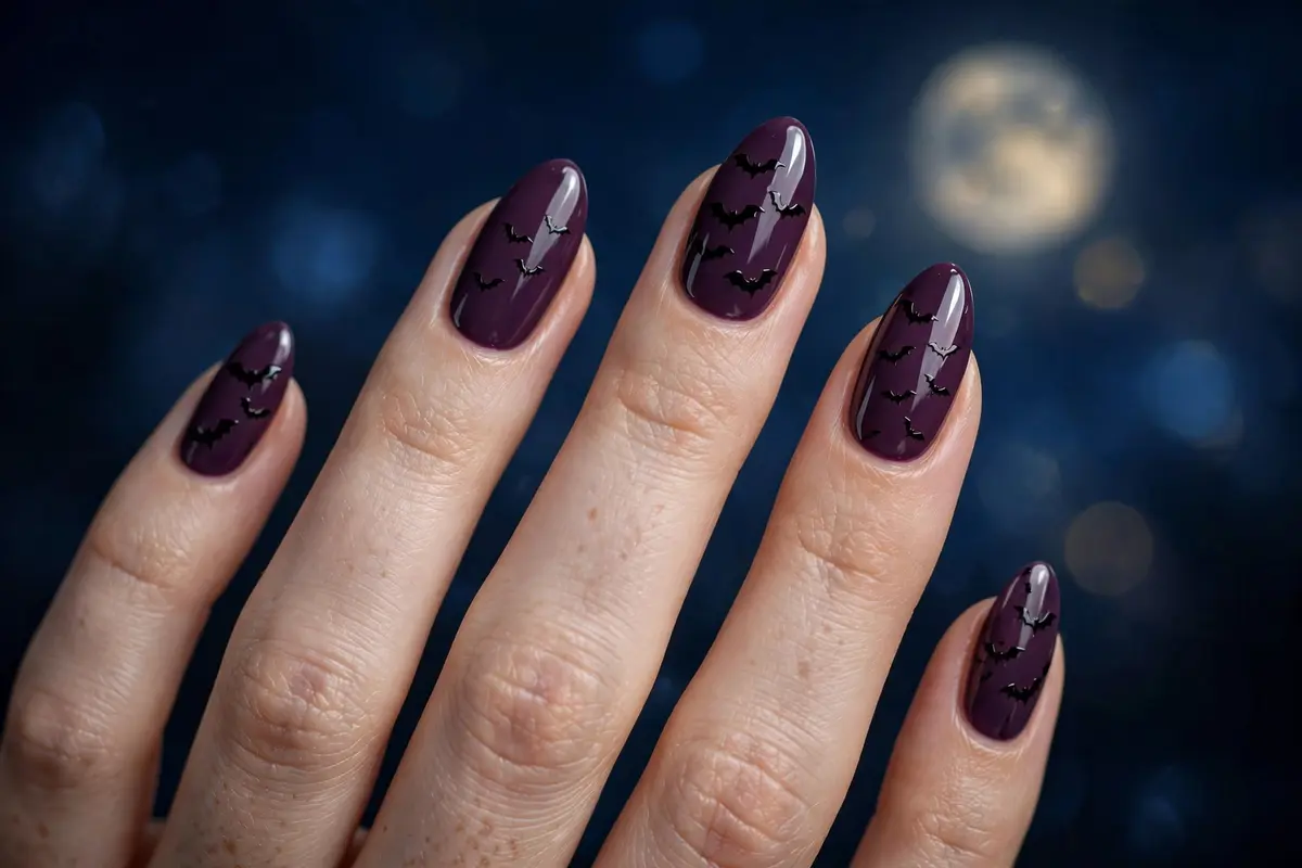 Tiny bat silhouettes on a dark plum manicure