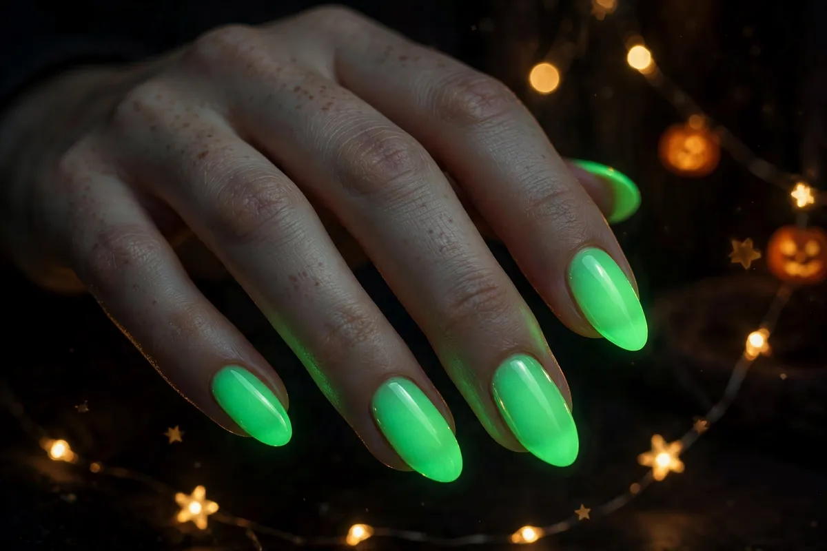 Glowing neon green manicure in a dark room