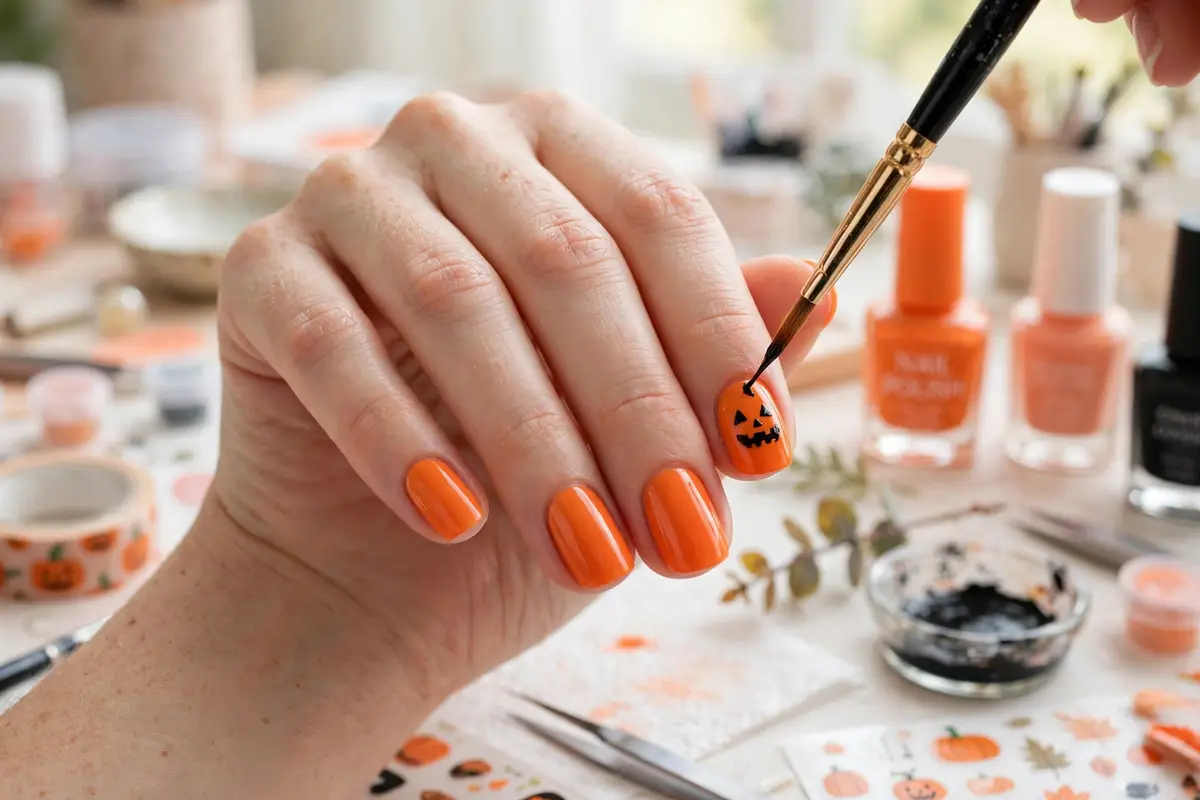Painting a tiny pumpkin design with a detail brush