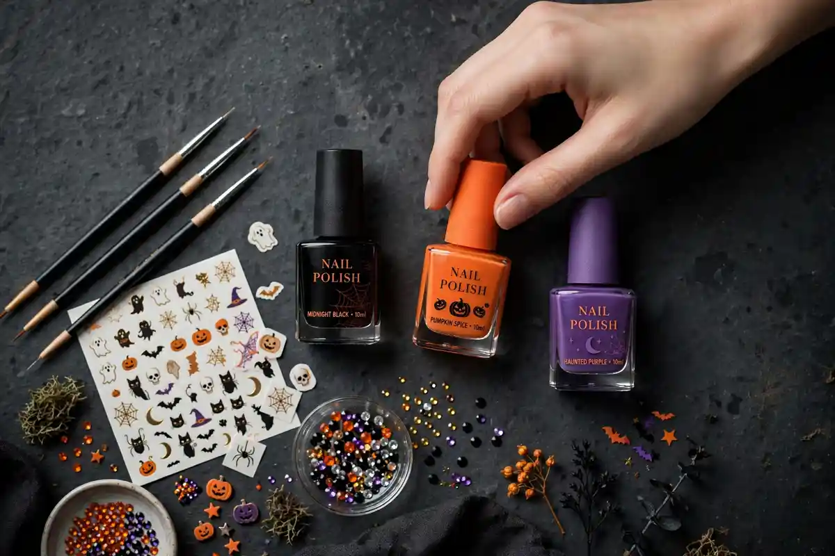 Flat-lay of spooky art brushes, polishes and stickers