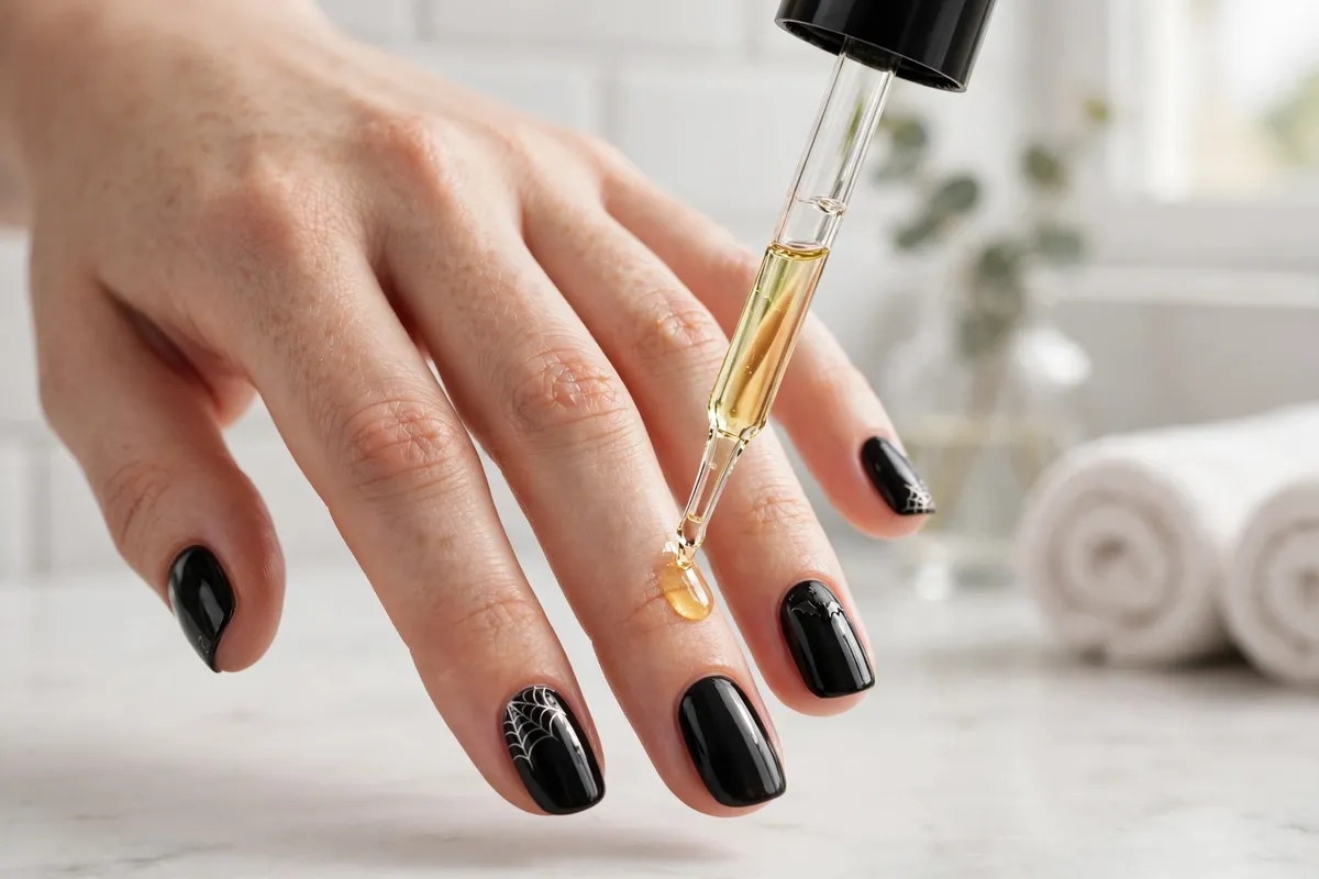 Applying cuticle oil to a fresh dark manicure