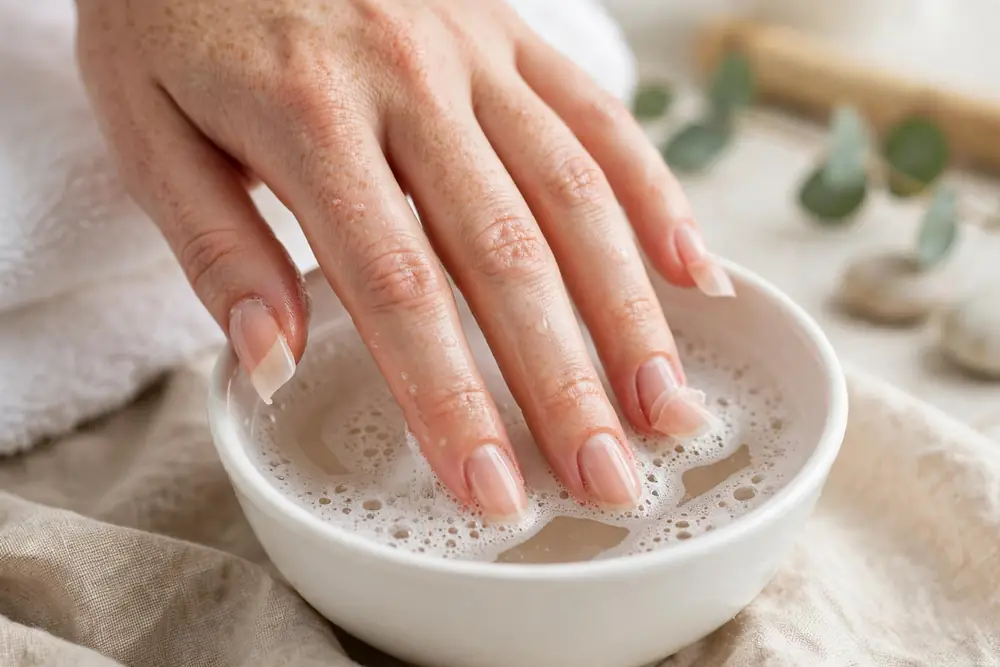 Soaking hands in warm water for gentle removal