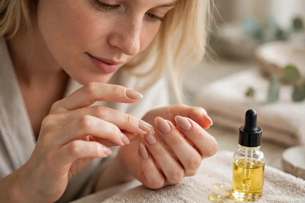 Massaging cuticle oil into healthy hands