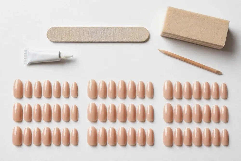 Flat-lay of adhesive tubes, file and buffer tools