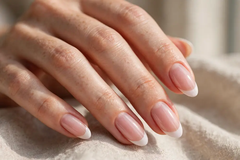 Classic French-style manicure on almond-shaped fingertips