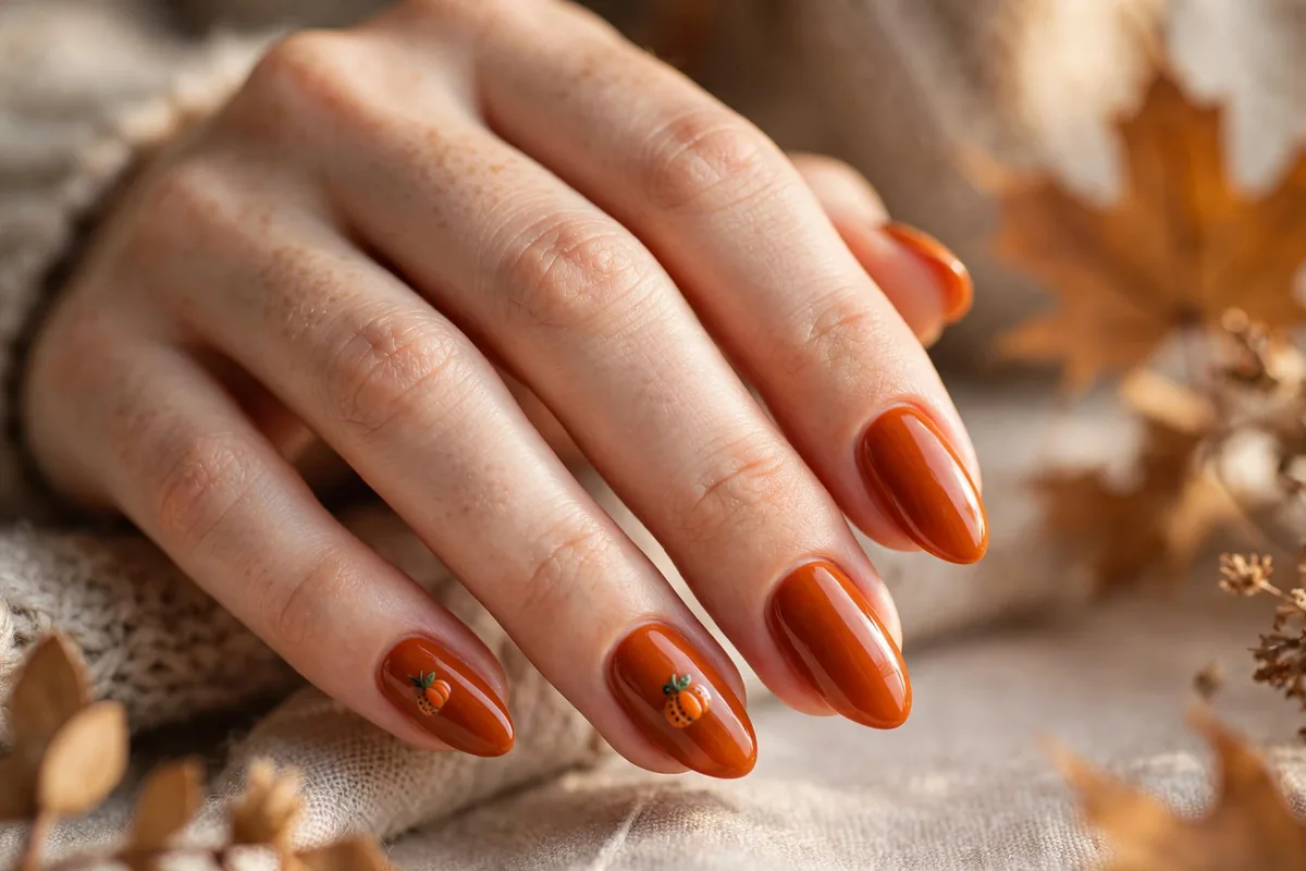 Burnt orange thanksgiving nail art with pumpkin accents