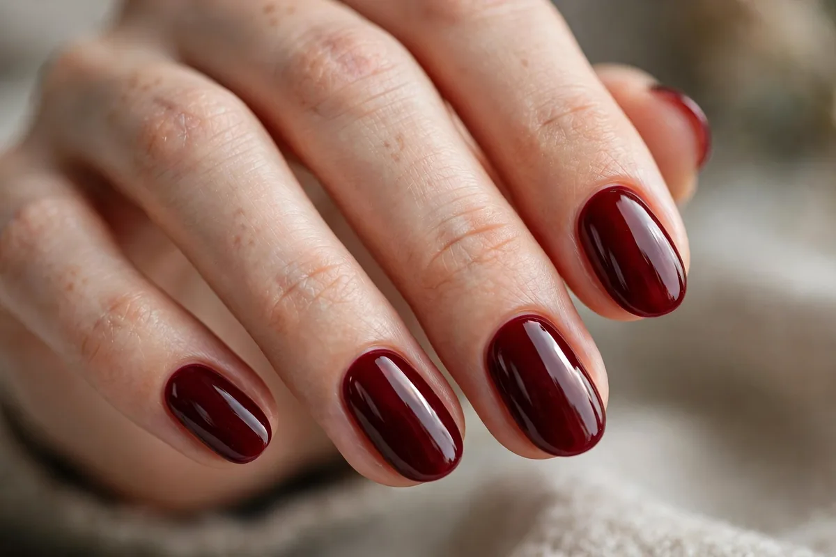 Oxblood patent shine manicure on elegant fingertips