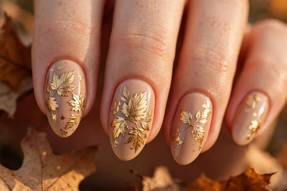 Golden leaf thanksgiving nails on a warm nude base