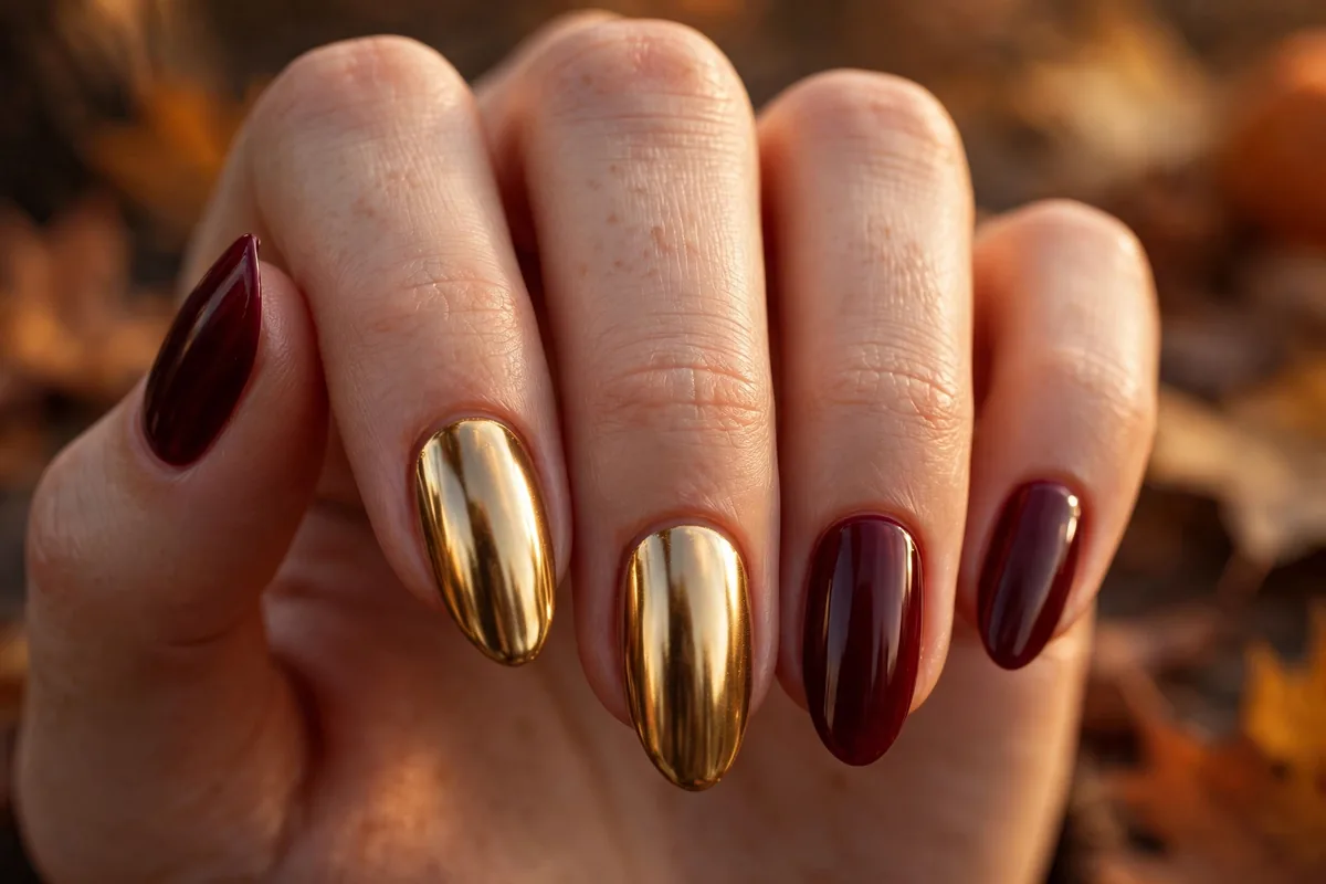 Gilded chrome accents over deep burgundy