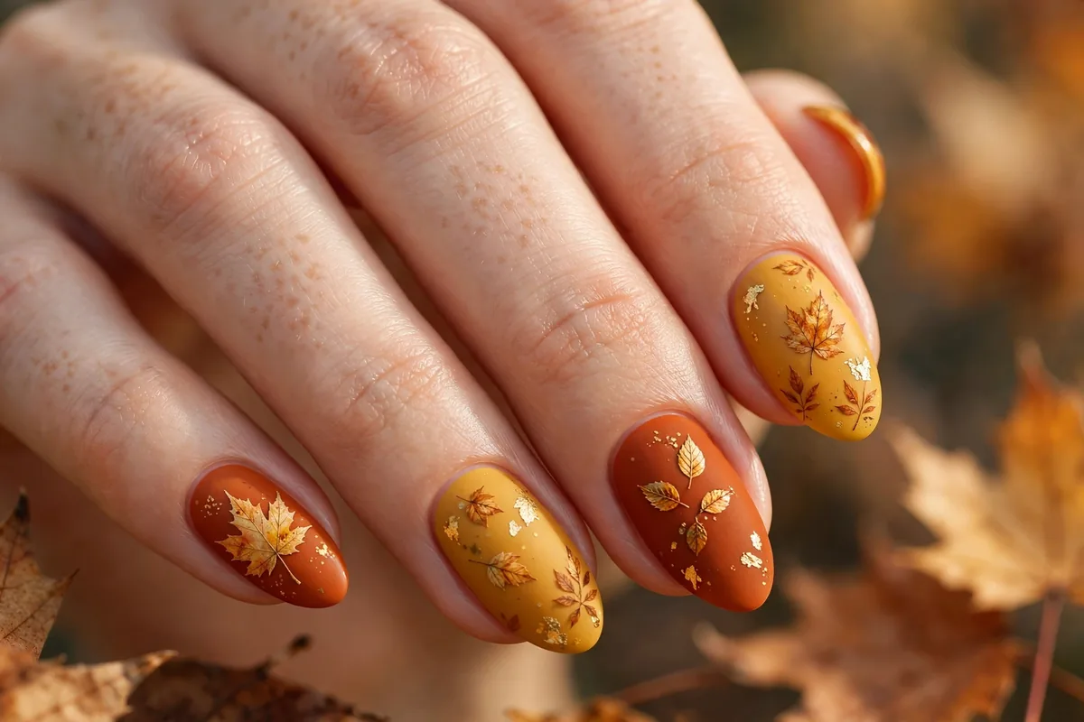 Harvest-hued thanksgiving nails with falling leaves