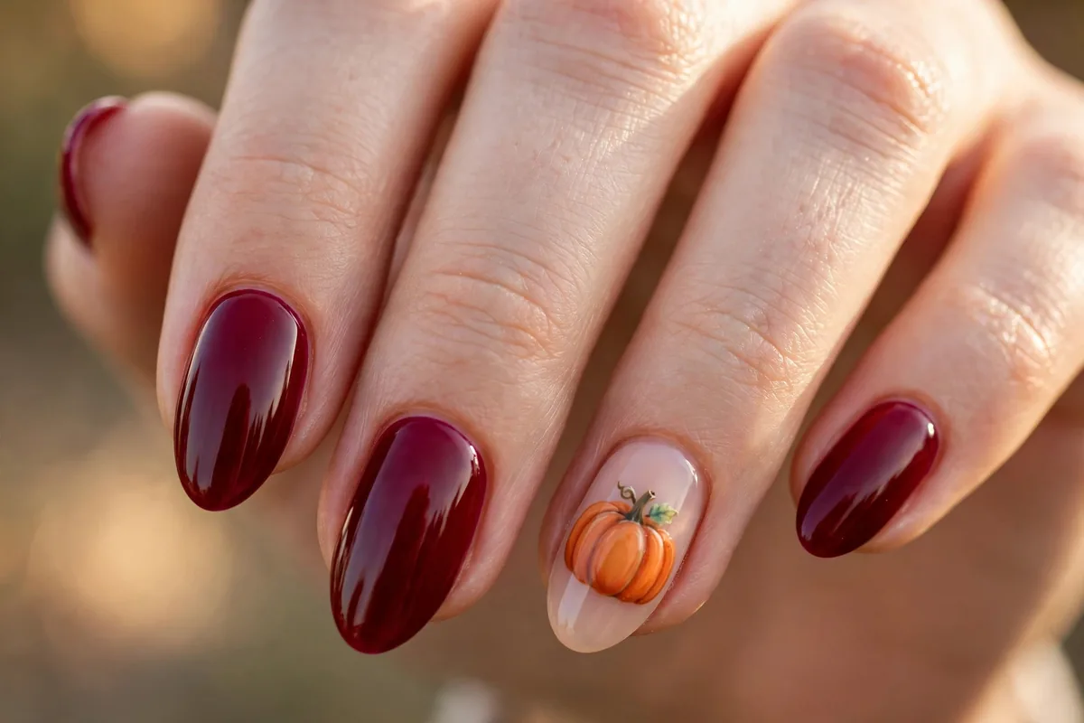 Pumpkin accent design on almond-shaped fingertips