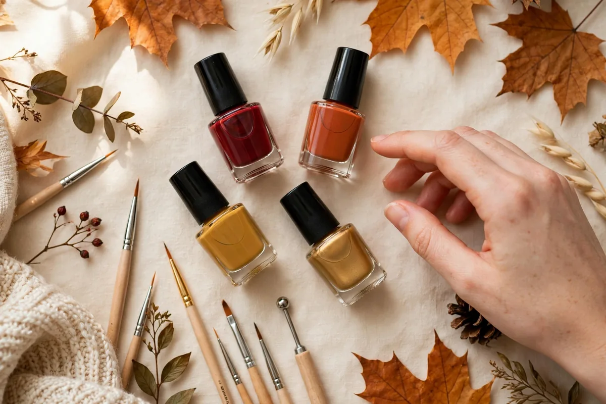 Flat-lay of polishes and tools for DIY thanksgiving nails