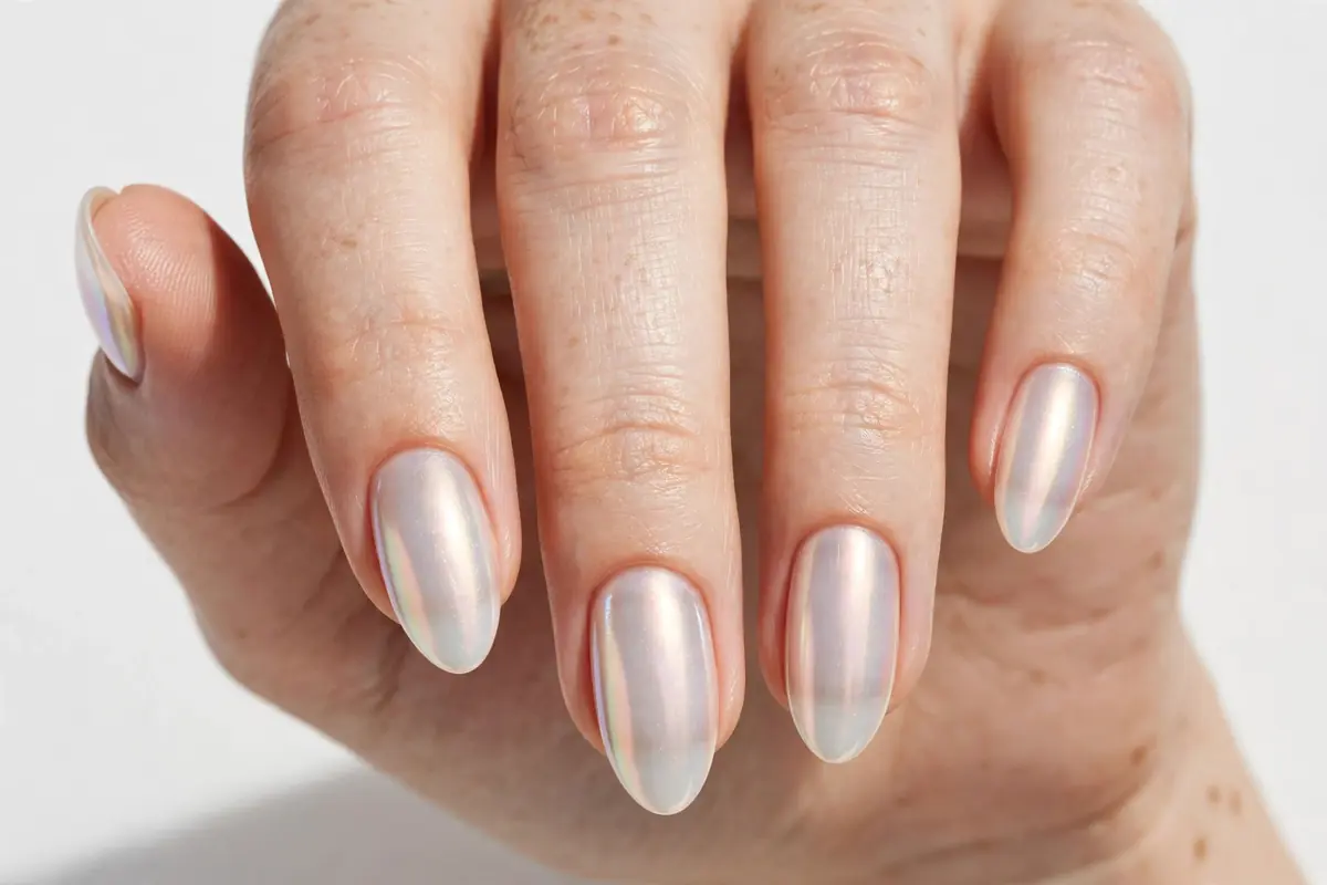 Glazed donut chrome tiktok nails with pearly shimmer