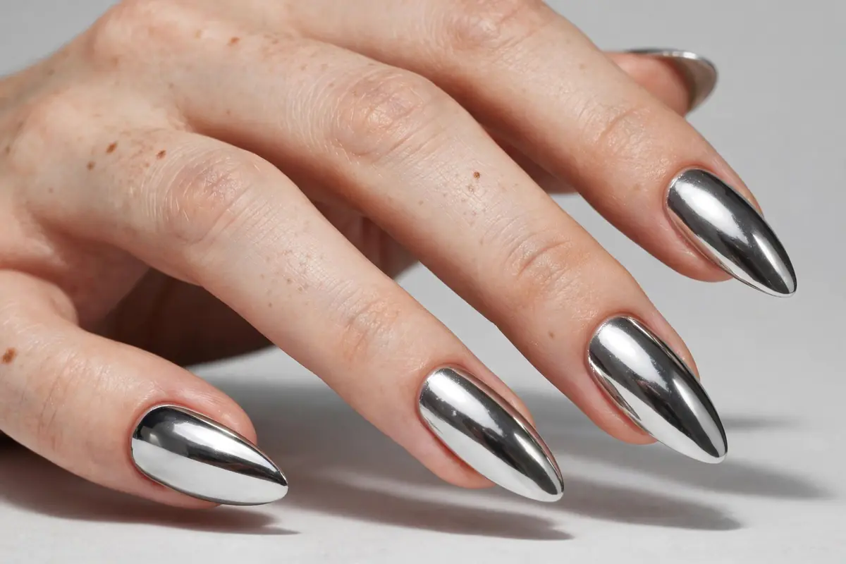 Mirror-like silver chrome manicure catching the light