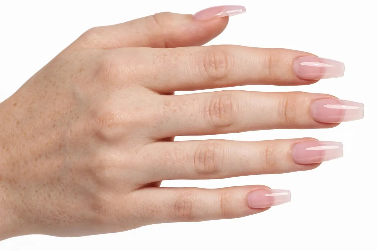 Translucent milky-pink jelly fingertips with glass shine
