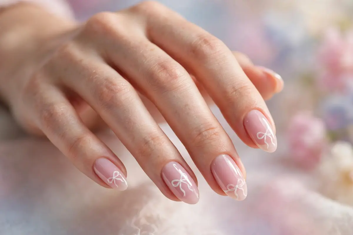 Delicate white bow designs over a soft pink manicure