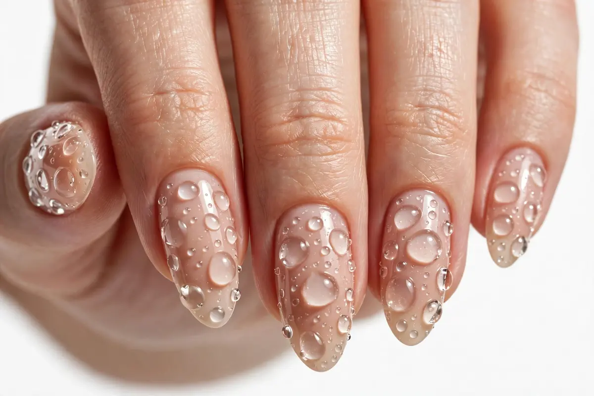 Raised water-drop texture over a nude glossy manicure