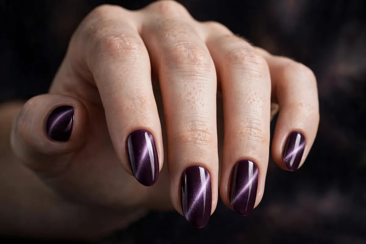 Magnetic cat-eye tiktok nails in deep plum