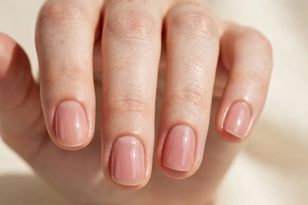 Wet-look glossy finish over a soft nude manicure