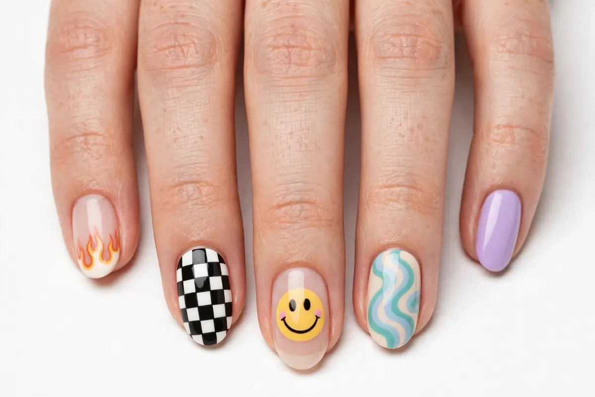 Mismatched playful manicure with checkerboard and smileys