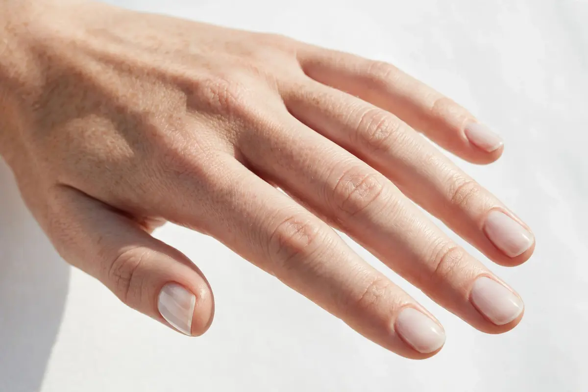 Sheer milky white minimal manicure on short fingertips