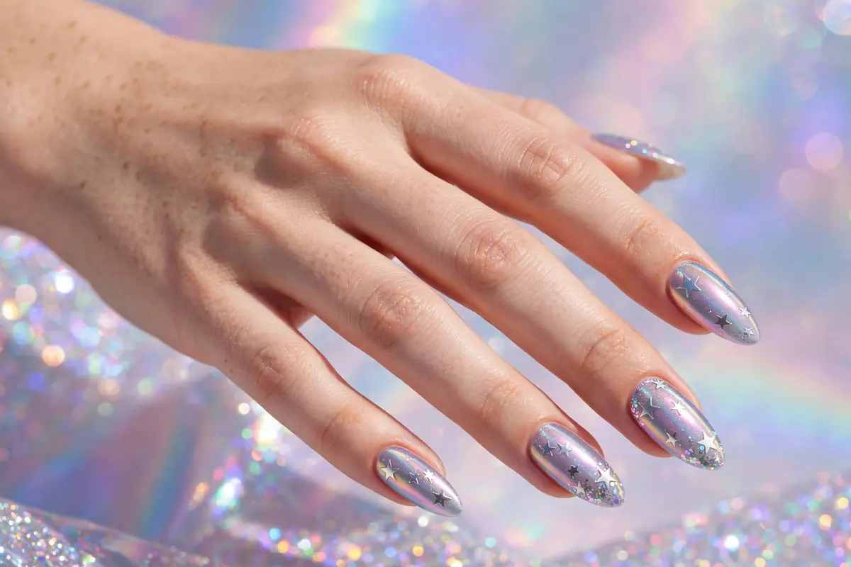 Iridescent manicure with silver star decals and glitter