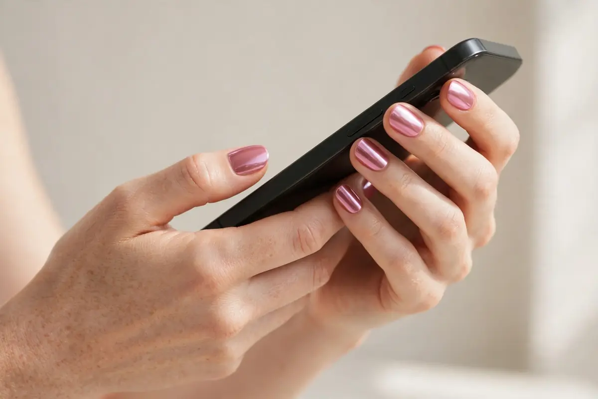 Fair hands holding phone to photograph tiktok nails