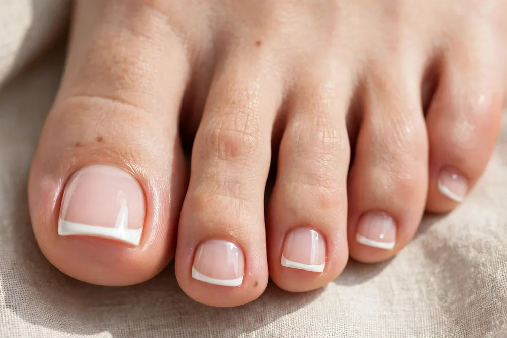 Classic white French pedicure on clean fair feet