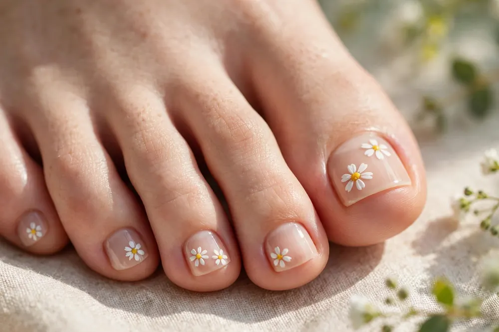 Daisy floral toe nail designs on polished big toes